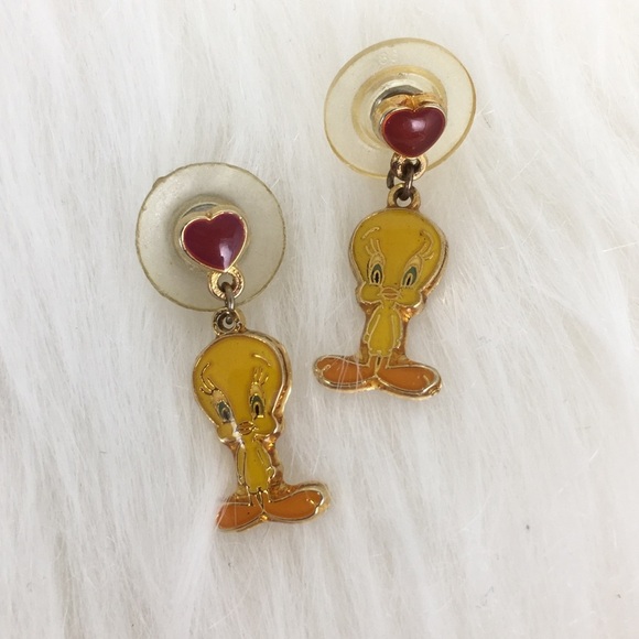 Vintage Tweety Bird Heart Enamel Earrings Gold Pierced Dangle By WB Foster Grant - Picture 8 of 11